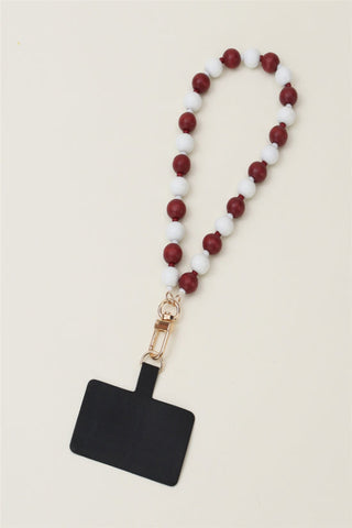 Maroon and White Wood Beaded Phone Wristlet