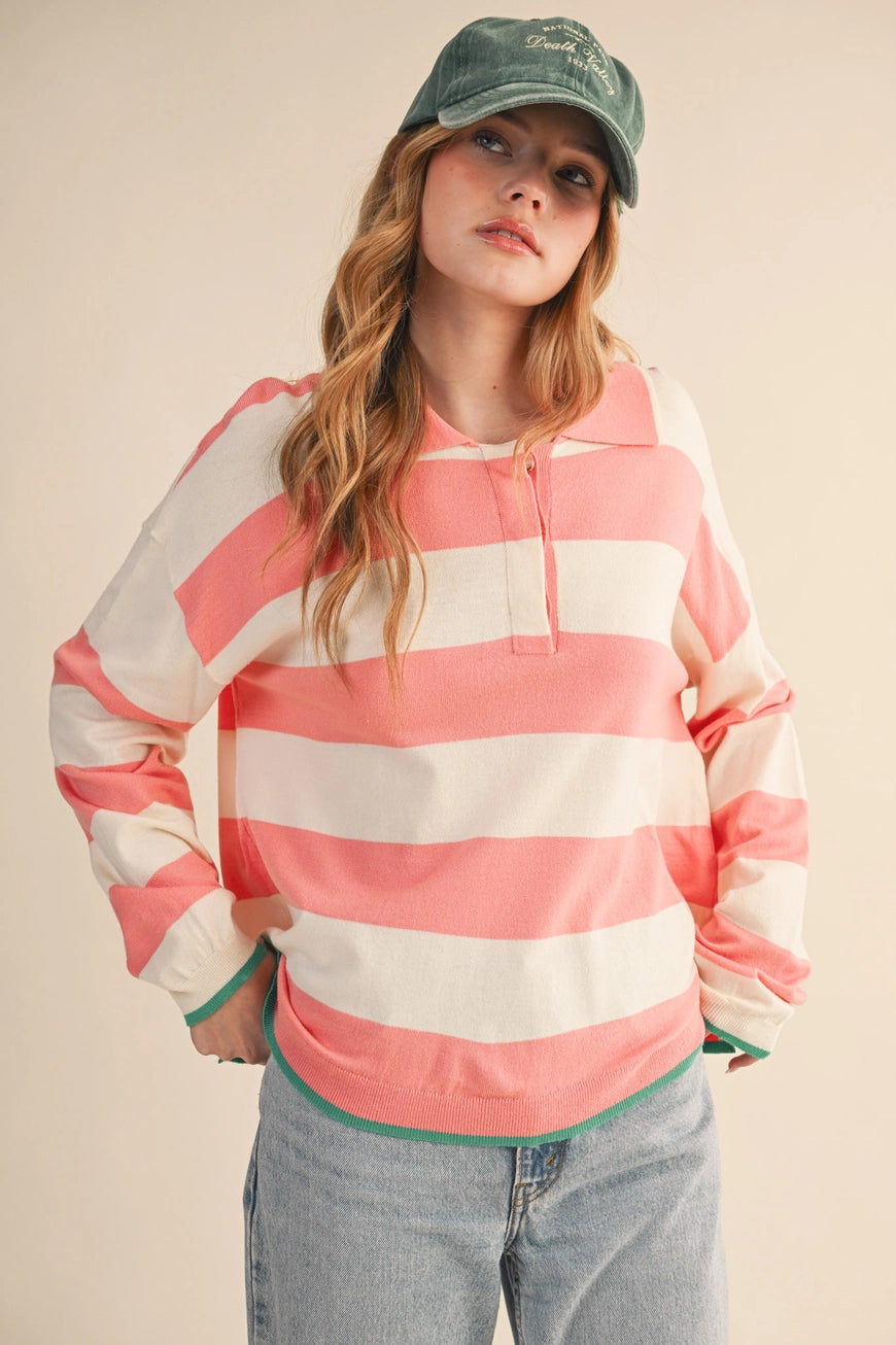 Striped Rugby Sweater in Ivory and Coral Ribbed Long Sleeve