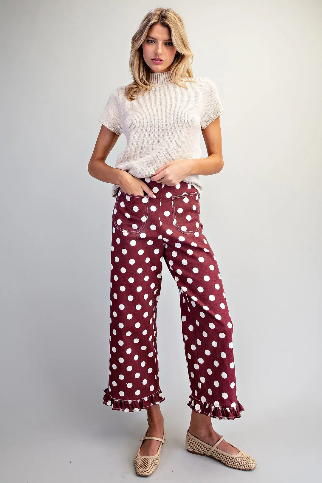 Polka Dot Ruffle Hem Pants