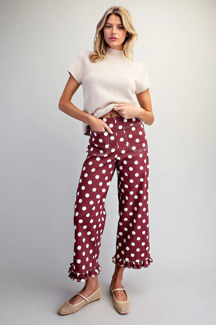 Polka Dot Ruffle Hem Pants