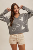 HEART V-NECK SWEATER TOP in Grey