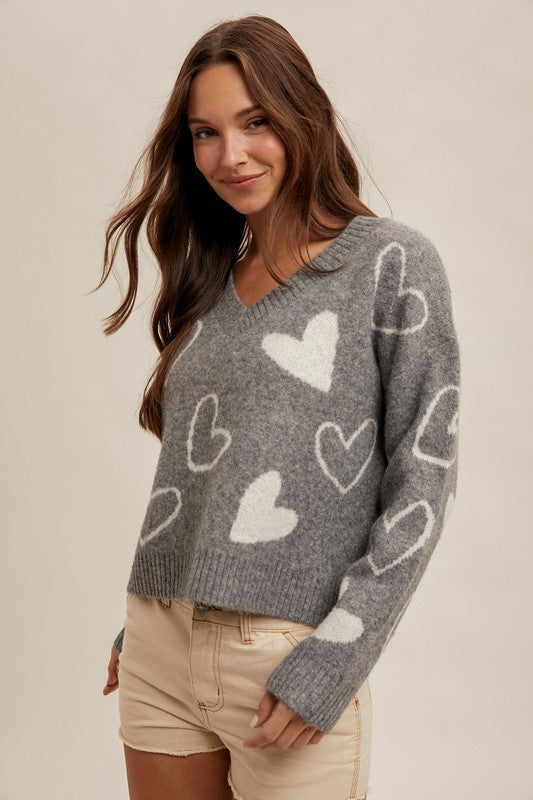 HEART V-NECK SWEATER TOP in Grey