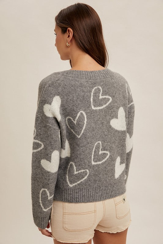 HEART V-NECK SWEATER TOP in Grey