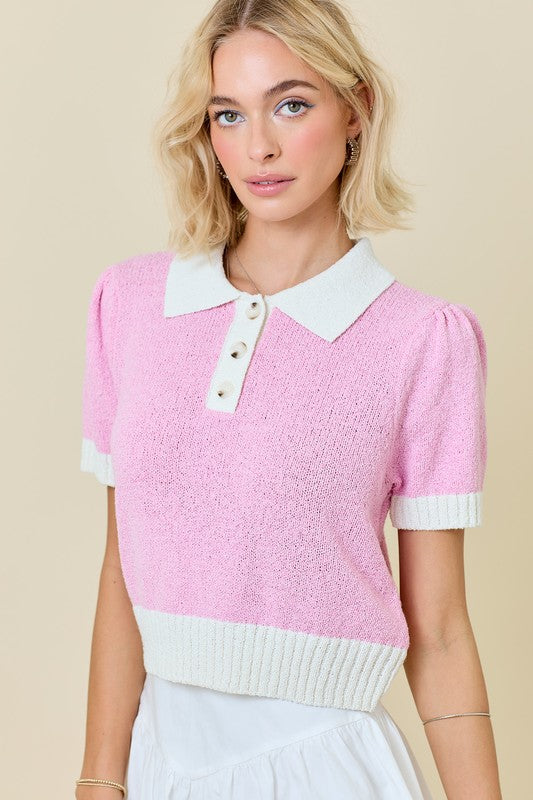Sweater Terry Polo in Powder Pink Button Down Shirt