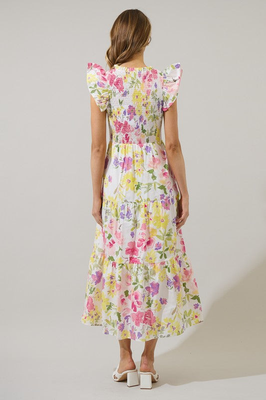 Leonie Floral Sunfire Tiered Midi Dress Pink V Neck