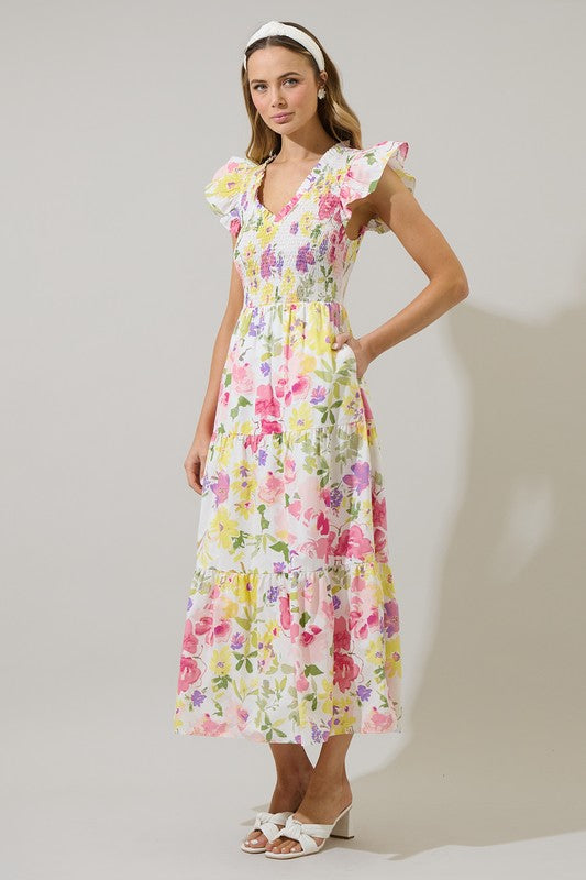 Leonie Floral Sunfire Tiered Midi Dress Pink V Neck