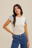 EMBROIDERED RUFFLE SLEEVE SWEATER TOP