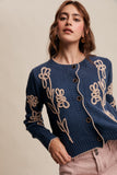 Woman wearing a blue knitted cardigan with floral patterns on a beige background