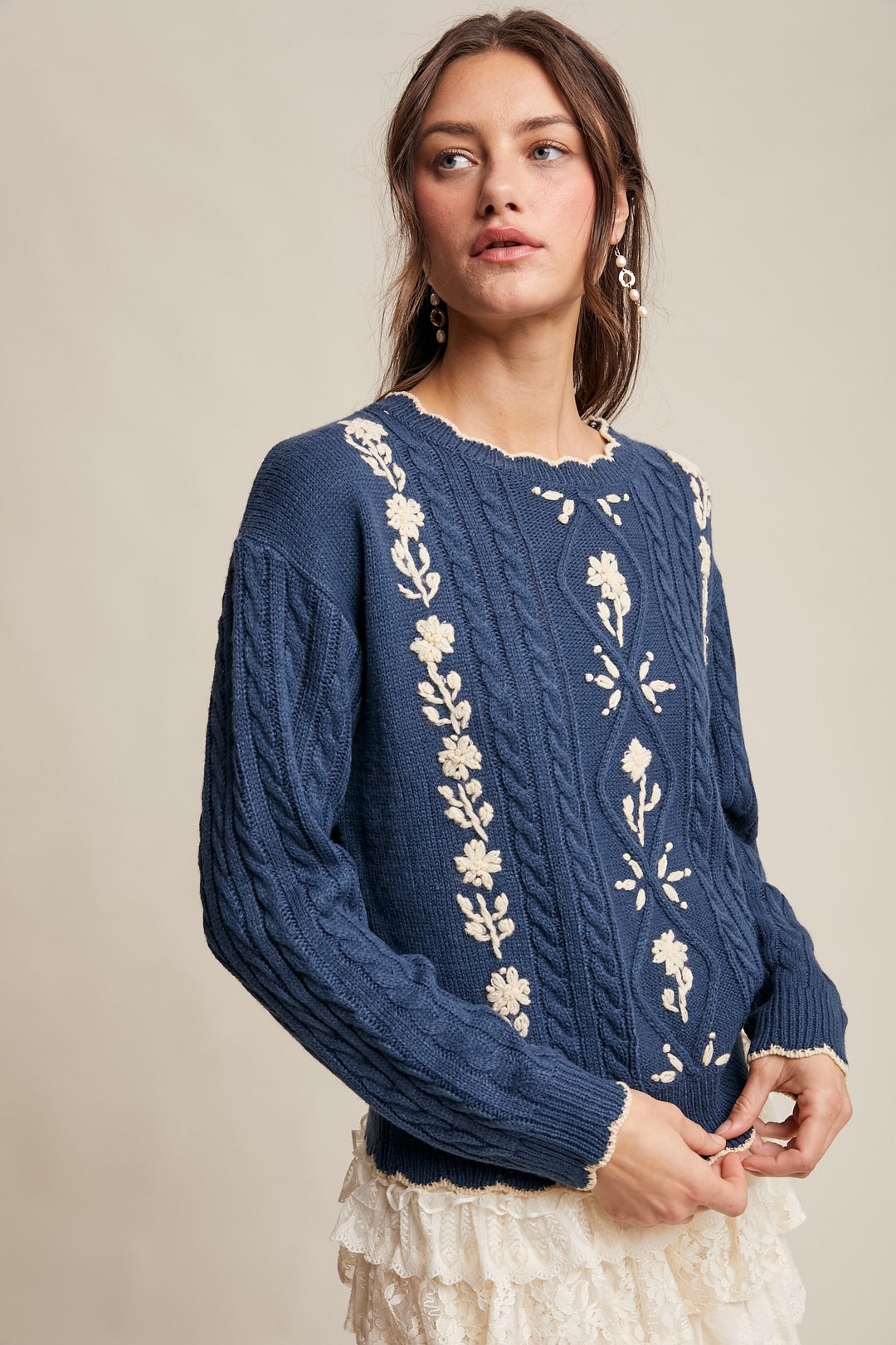 Vintage Sweater in Teal Navy Cable Knit High-Waisted