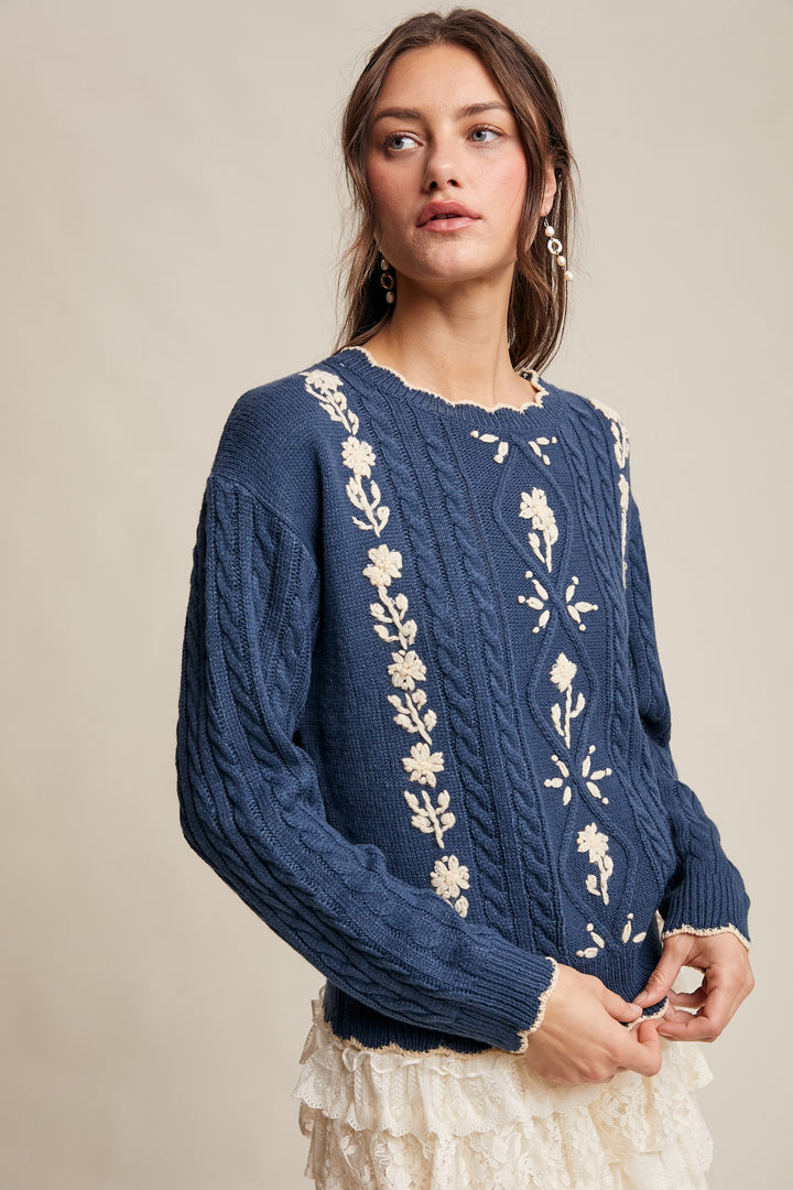 Vintage Sweater in Teal Navy Cable Knit High-Waisted