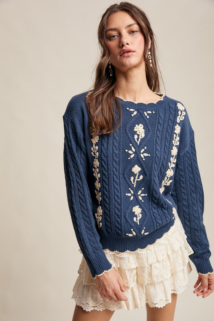 Vintage Sweater in Teal Navy Cable Knit High-Waisted