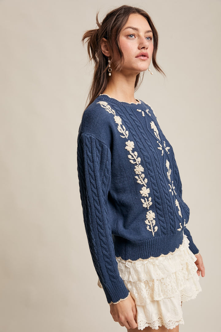 Vintage Sweater in Teal Navy Cable Knit High-Waisted