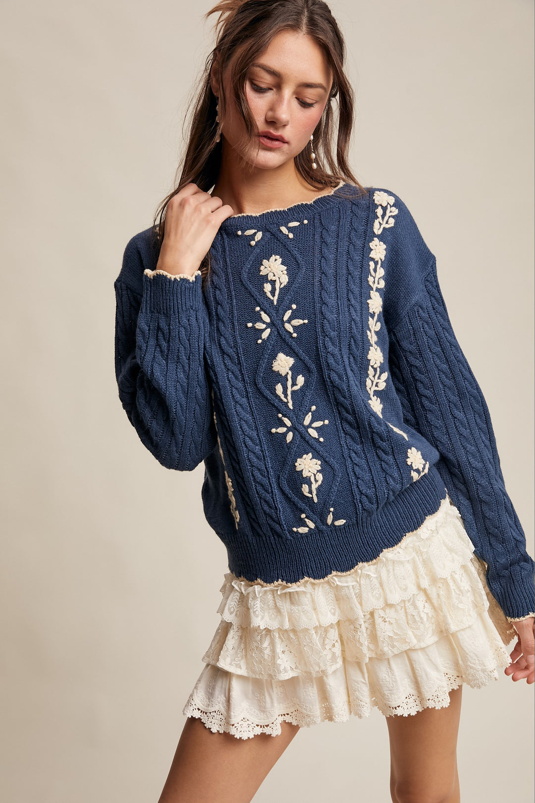 Vintage Sweater in Teal Navy Cable Knit High-Waisted