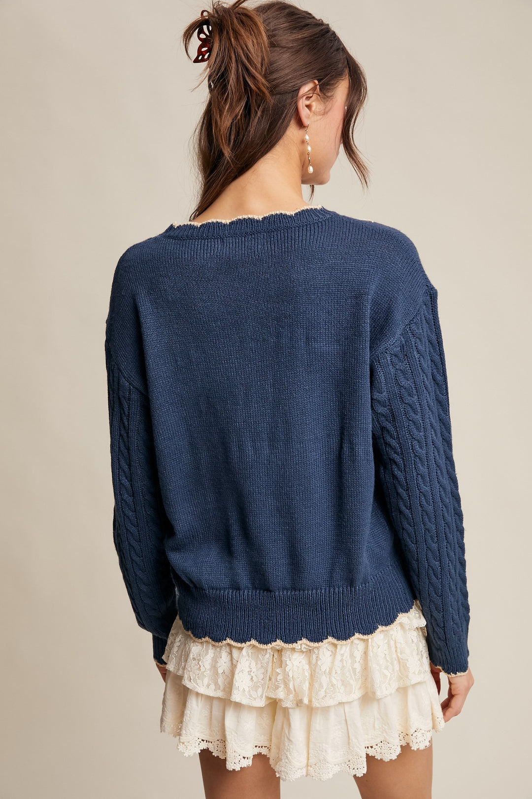 Vintage Sweater in Teal Navy Cable Knit High-Waisted
