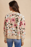 Woman wearing a floral patterned sweater against a beige background