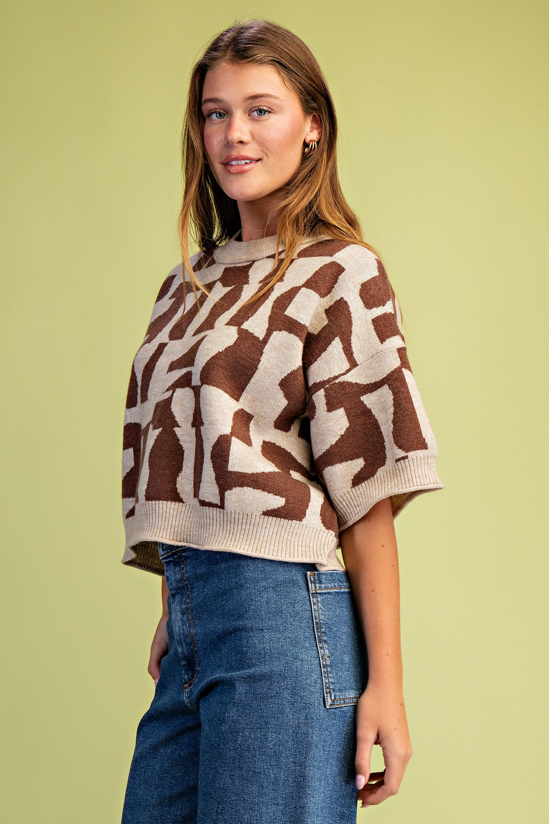 Geometric Print Sweater in Brown Short Sleeve