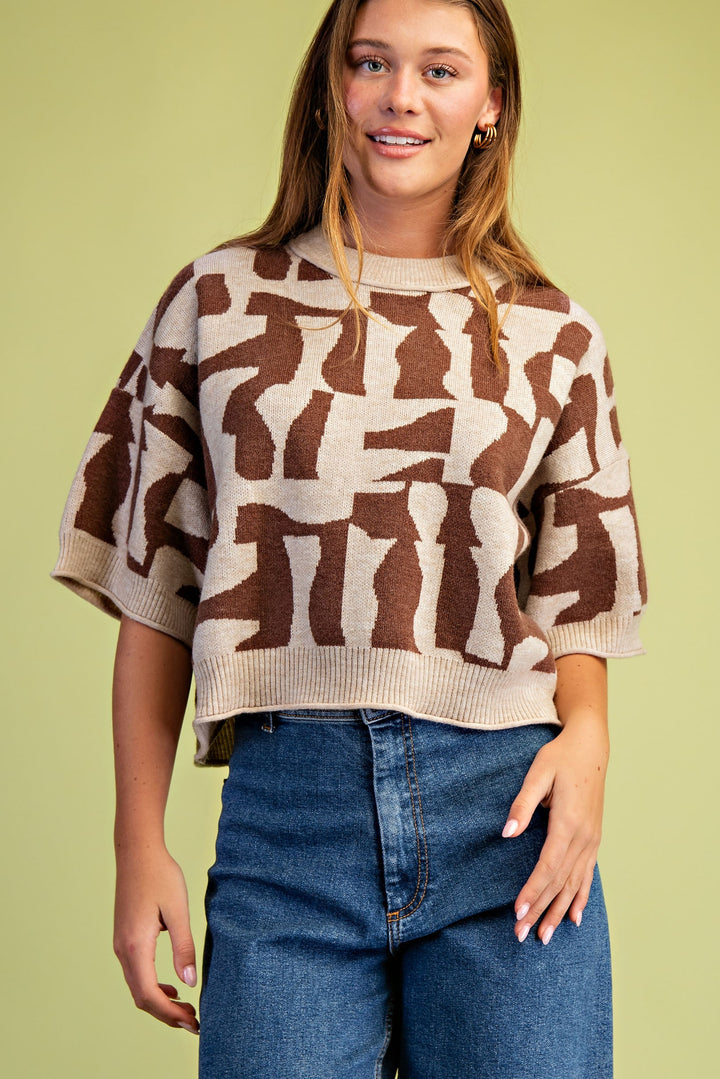 Geometric Print Sweater in Brown Short Sleeve