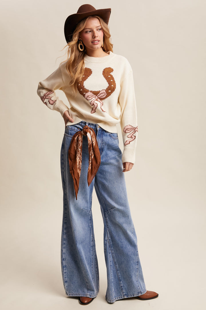 Horseshoe Sweater Denim Western Crew Neck