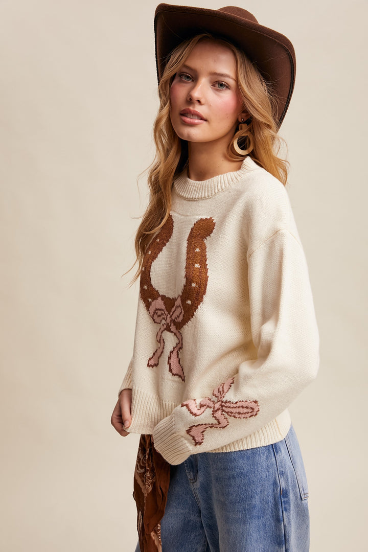 Horseshoe Sweater Denim Western Crew Neck