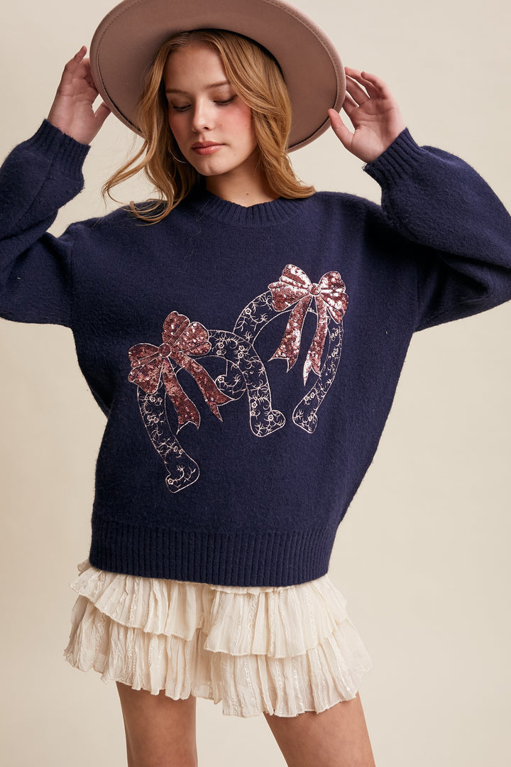 Horseshoes and Sequins Sweater Denim Crew Neck
