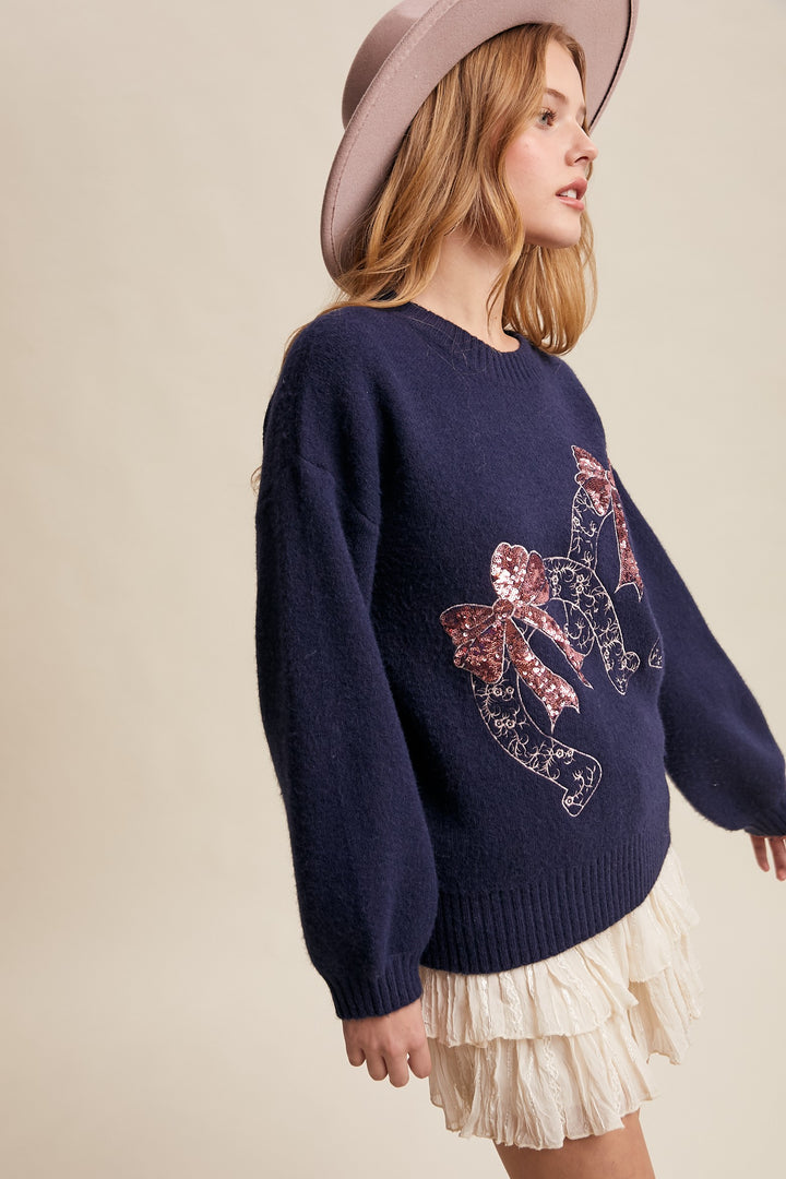 Horseshoes and Sequins Sweater Denim Crew Neck