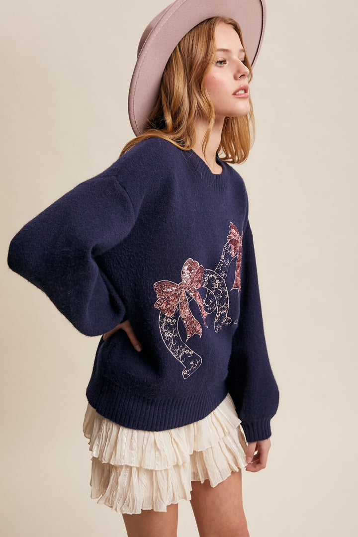 Horseshoes and Sequins Sweater Denim Crew Neck
