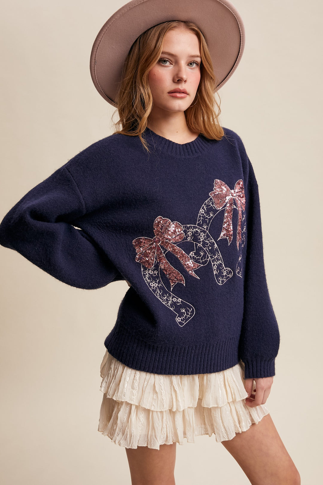 Horseshoes and Sequins Sweater Denim Crew Neck