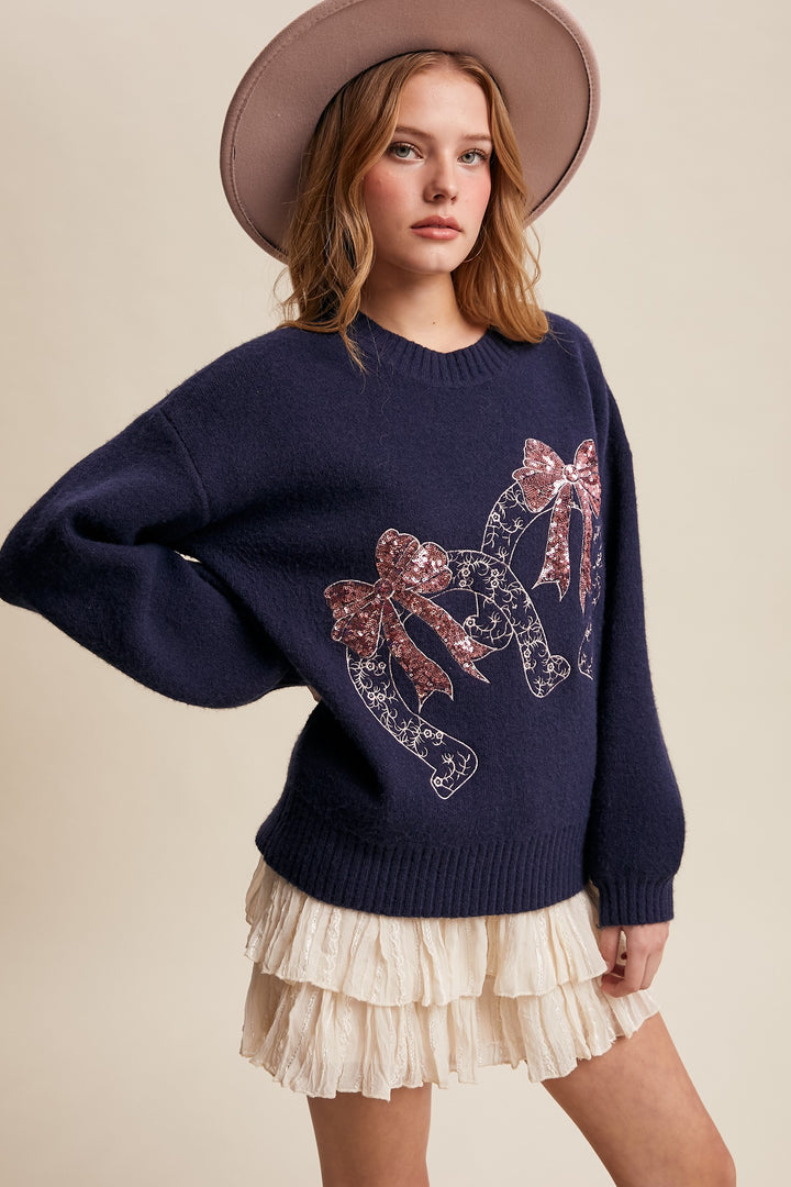 Horseshoes and Sequins Sweater Denim Crew Neck