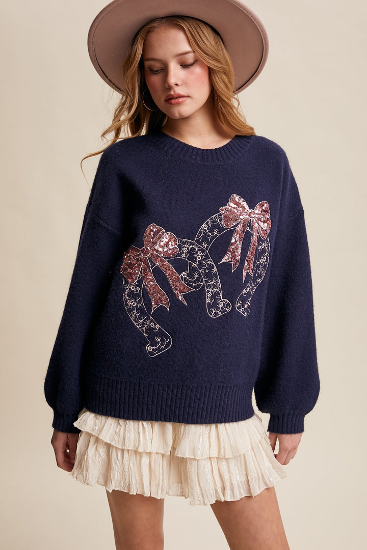 Horseshoes and Sequins Sweater Denim Crew Neck