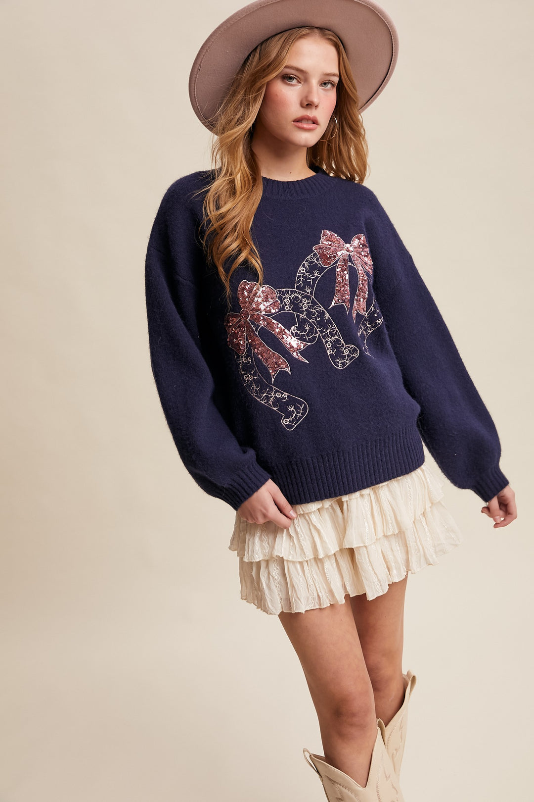 Horseshoes and Sequins Sweater Denim Crew Neck