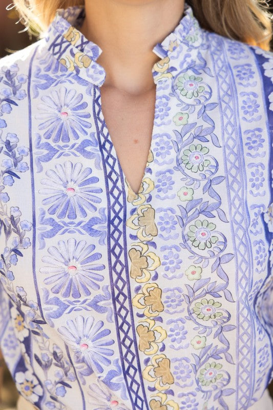 Close-up of a person wearing a blue floral patterned garment.