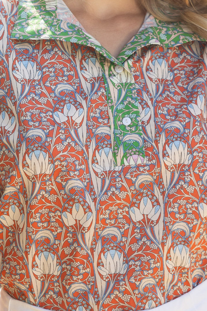 Close-up of a patterned shirt with floral design