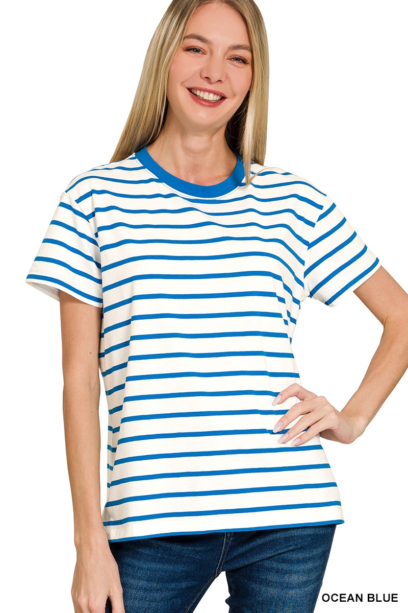 Basic Stripes Tee Denim Striped Crew Neck