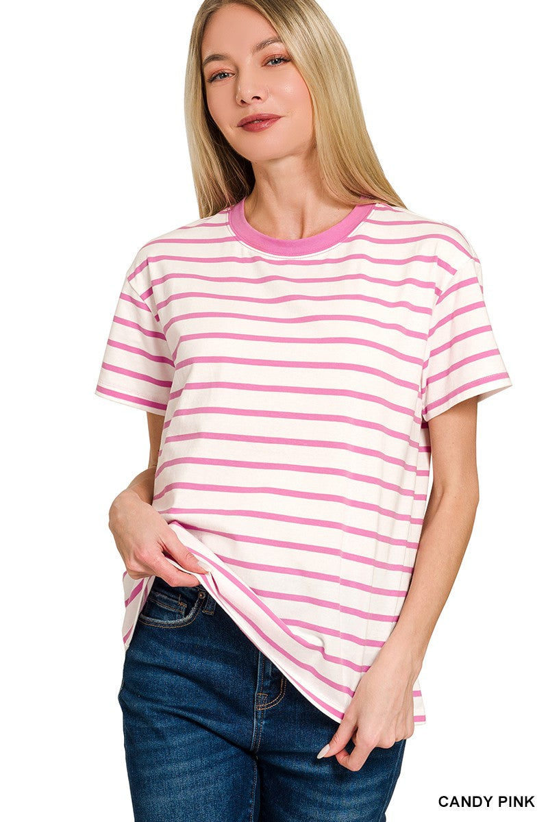 Basic Stripes Tee Denim Striped Crew Neck