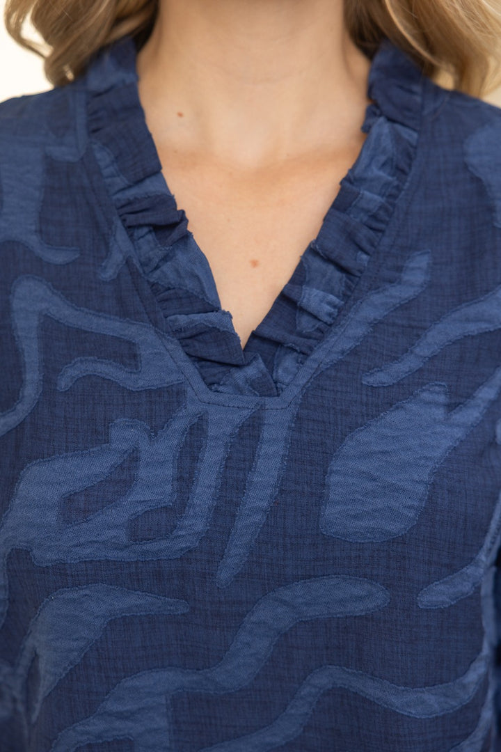 Close-up of a blue patterned garment with a V-neckline