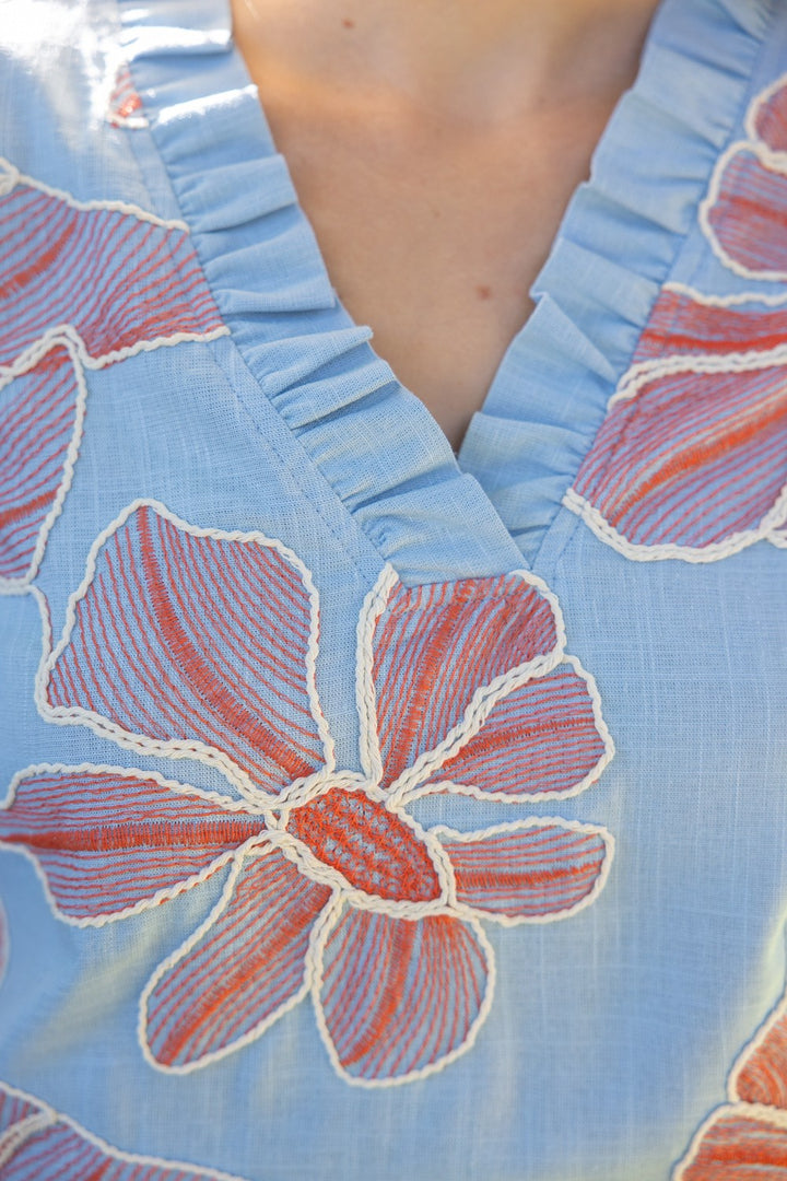 Close-up of a blue garment with red floral patterns