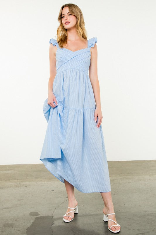 Pale Blue Flutter Sleeve Dress Stripe