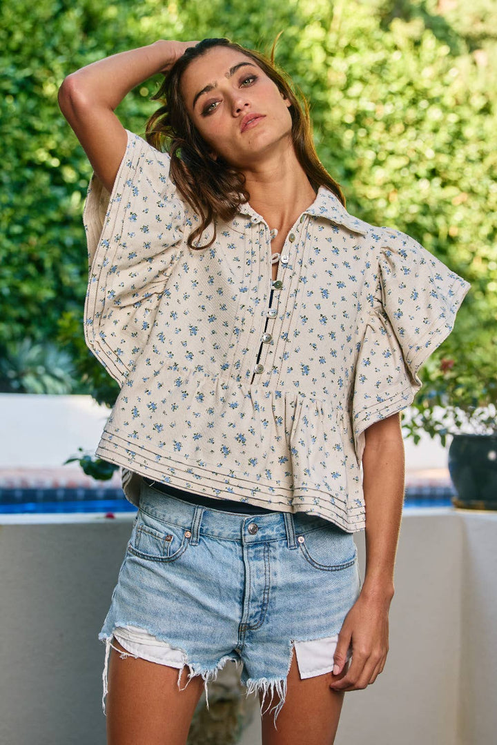 Pintuck and Denim Floral Print Top Relaxed