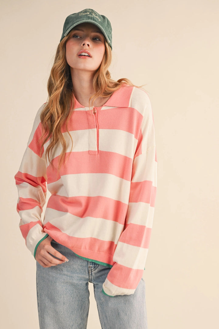 Striped Rugby Sweater in Ivory and Coral Ribbed Long Sleeve