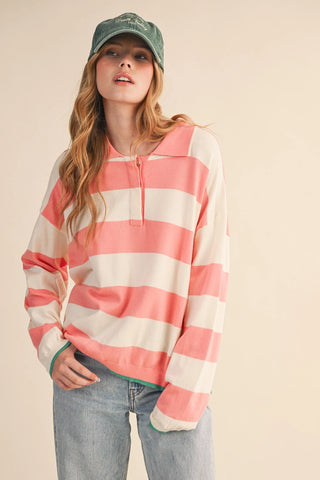 Striped Rugby Sweater in Ivory and Coral
