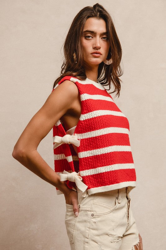 Side Tied Vest in Red Stripe