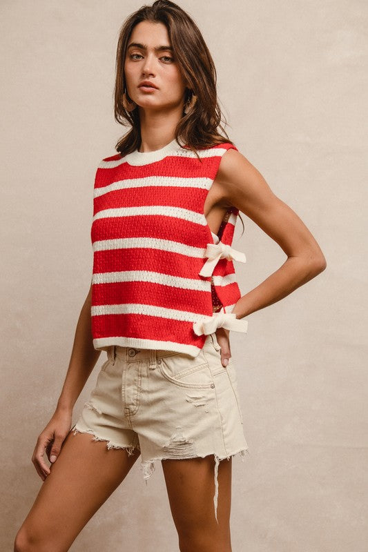 Side Tied Vest in Red Stripe