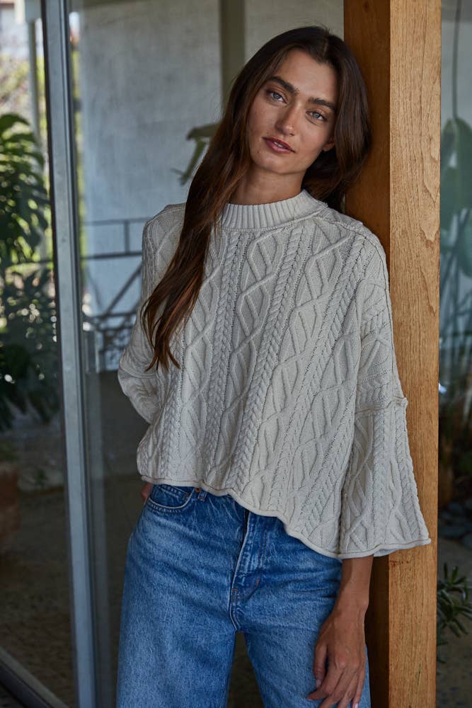 Cable Knit in Natural Dusty Red Crew Neck
