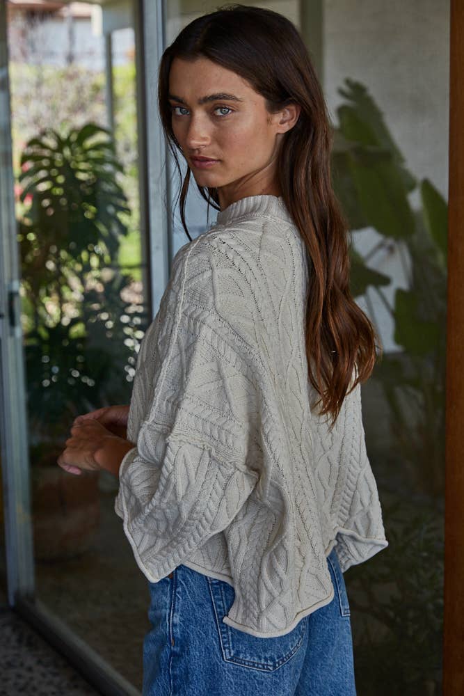 Cable Knit in Natural Dusty Red Crew Neck