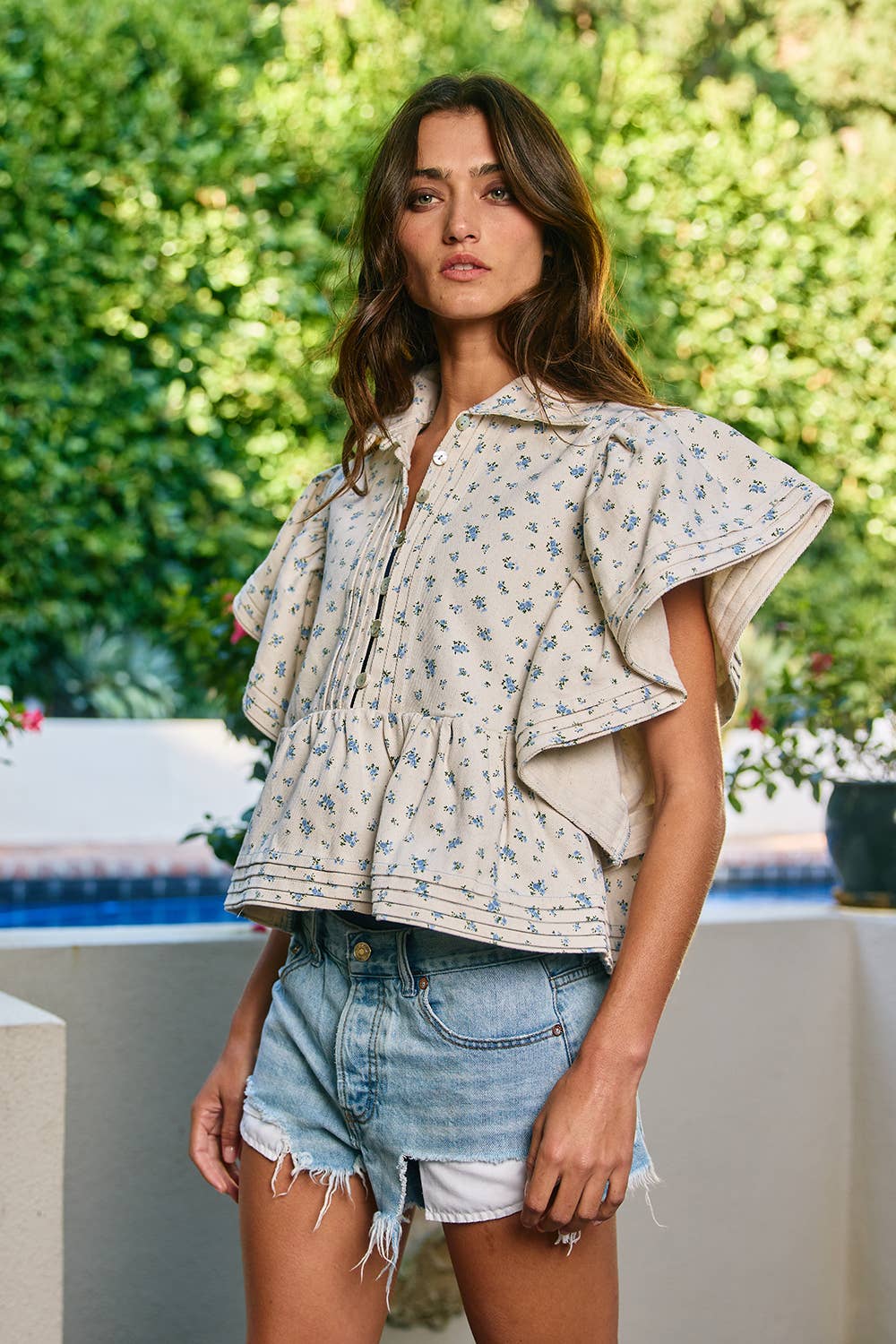 Pintuck and Denim Floral Print Top Relaxed