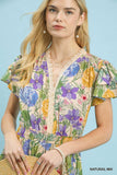 Woman wearing a floral dress with a blue background