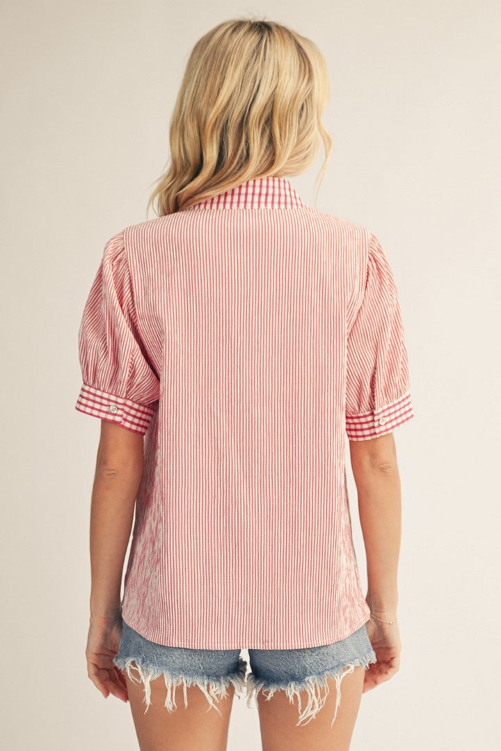 Pink and Gingham Top Denim Stripe Short Sleeve
