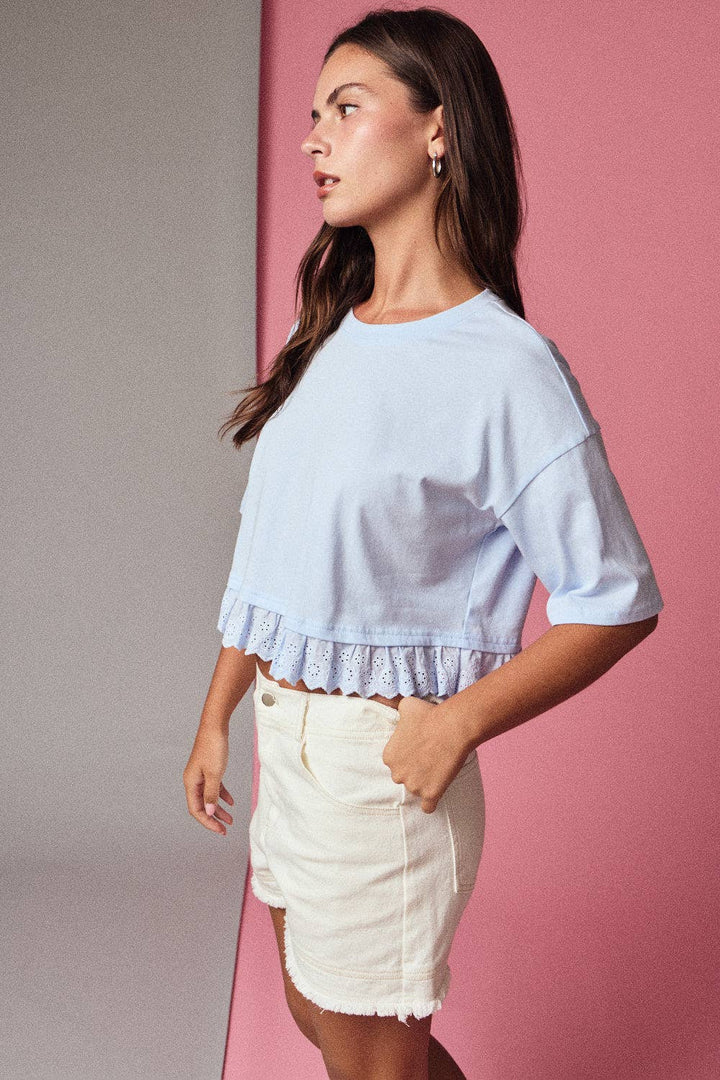 Eyelet and Boxy Knit Top in Light Blue Scalloped Crew Neck