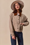 Person wearing a beige jacket with brown collar, jeans, and a hat on a beige background