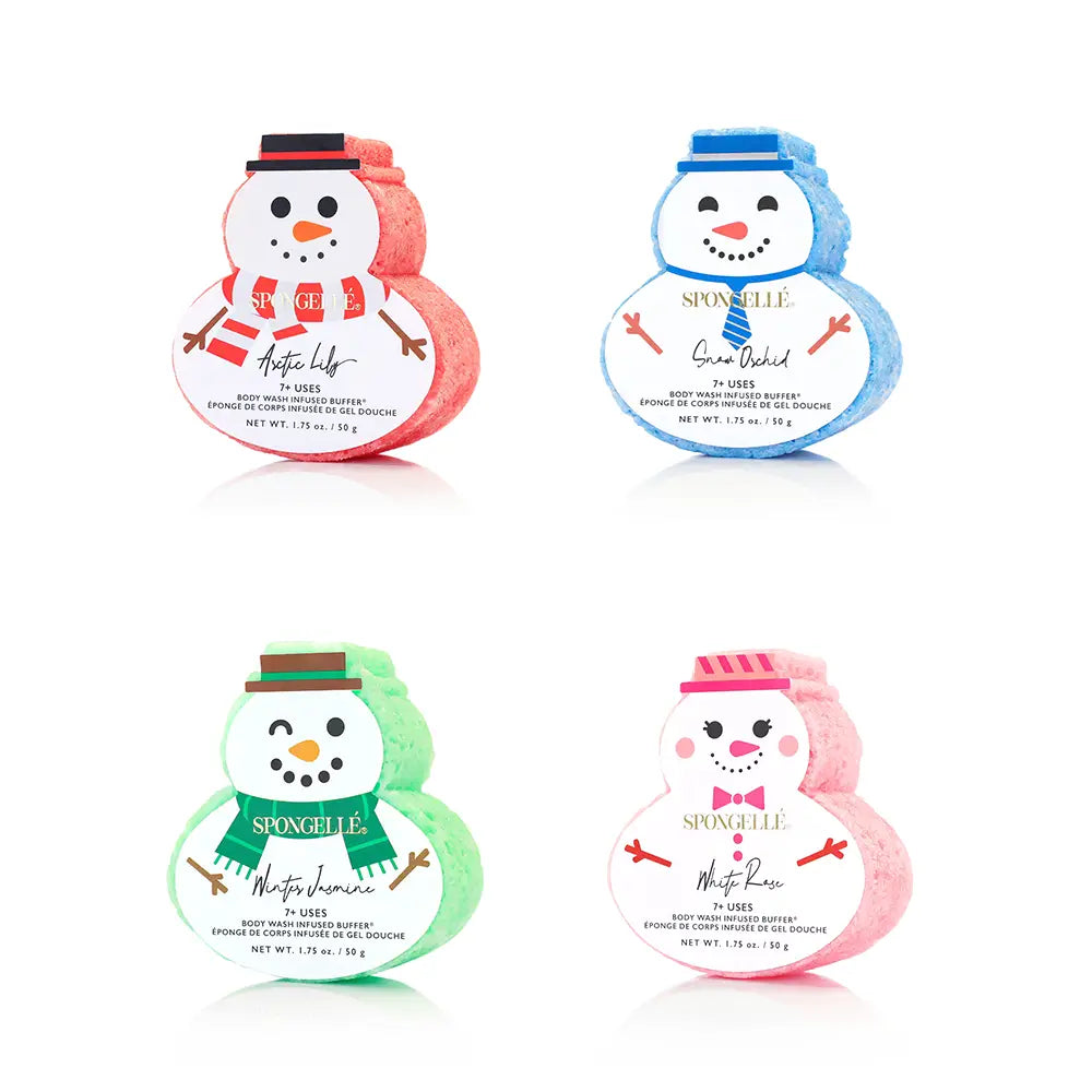 Four snowman-shaped bath bombs arranged in a 2x2 grid on a white background. Each snowman is made of layered colored bath salts and has a white paper label with the brand name SPUNNELLIE.